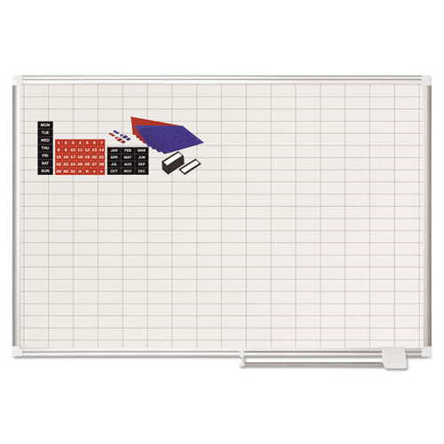 Gridded Magnetic Steel Dry Erase Planning Board with Accessories, 1 x 2 Grid, 48 x 36, White Surface, Silver Aluminum Frame-(BVCMA0592830A)