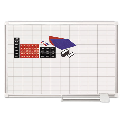 Gridded Magnetic Steel Dry Erase Planning Board with Accessories, 1 x 2 Grid, 36 x 24, White Surface, Silver Aluminum Frame-(BVCMA0392830A)