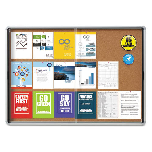 Enclosed Indoor Cork Bulletin Board with Two Sliding Glass Doors, 56 x 39, Natural Surface, Silver Anodized Aluminum Frame-(QRTEISC3956)