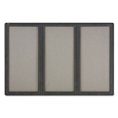 Enclosed Indoor Fabric Bulletin Board with Three Hinged Doors, 72 x 48, Gray Surface, Graphite Aluminum Frame-(QRT2367L)