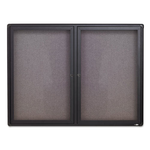 Enclosed Indoor Fabric Bulletin Board with Two Hinged Doors, 48 x 36, Gray Surface, Graphite Aluminum Frame-(QRT2364L)