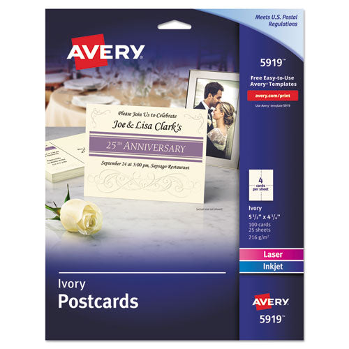 Printable Postcards, Inkjet/Laser, 74 lb, 4.25 x 5.5, Ivory, 100 Cards, 4 Cards/Sheet, 25 Sheets/Box-(AVE5919)