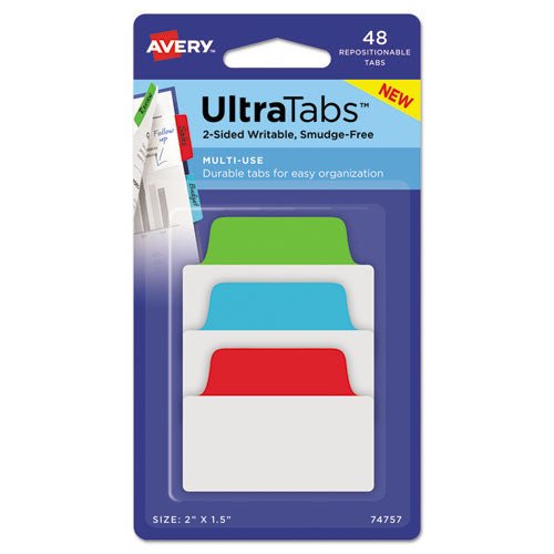 Ultra Tabs Repositionable Tabs, Standard: 2" x 1.5", 1/5-Cut, Assorted Colors (Blue, Green and Red), 48/Pack-(AVE74757)