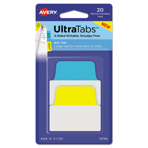 Ultra Tabs Repositionable Tabs, Big Tabs: 2" x 1.75", 1/5-Cut, Assorted Primary Colors, 20/Pack-(AVE74765)