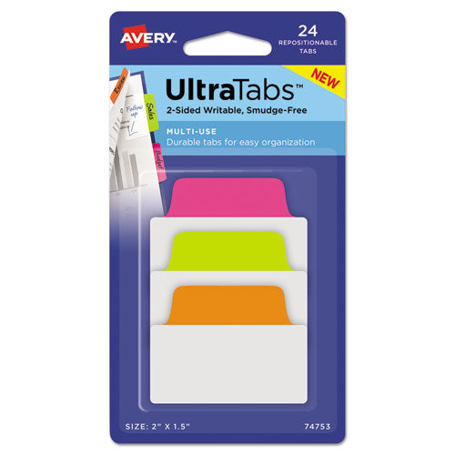 Ultra Tabs Repositionable Tabs, Standard: 2" x 1.5", 1/5-Cut, Assorted Neon Colors, 24/Pack-(AVE74753)