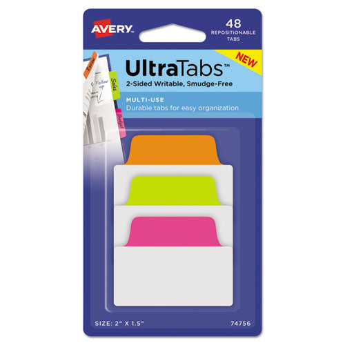 Ultra Tabs Repositionable Tabs, Standard: 2" x 1.5", 1/5-Cut, Assorted Neon Colors, 48/Pack-(AVE74756)