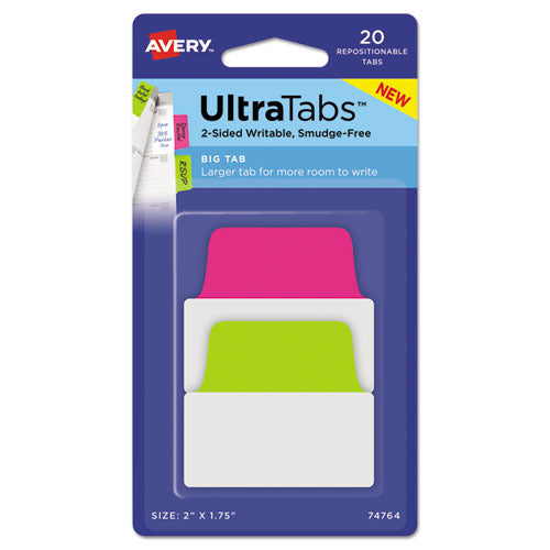 Ultra Tabs Repositionable Tabs, Big Tabs: 2" x 1.75", 1/5-Cut, Assorted Neon Colors, 20/Pack-(AVE74764)