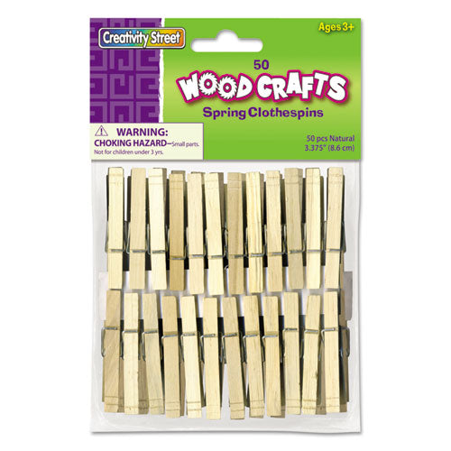 Wood Spring Clothespins, 3.38" Length, Natural, 50/Pack-(CKC365801)