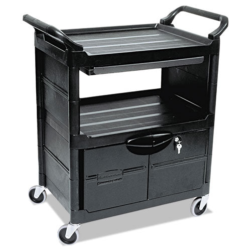 Utility Cart with Locking Doors, Plastic, 3 Shelves, 200 lb Capacity, 33.63" x 18.63" x 37.75", Black-(RCP345700BLA)