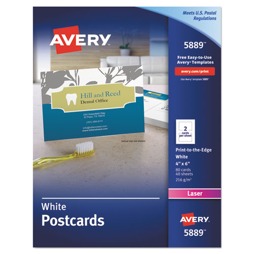 Printable Postcards, Laser, 80 lb, 4 x 6, Uncoated White, 80 Cards, 2 Cards/Sheet, 40 Sheets/Box-(AVE5889)