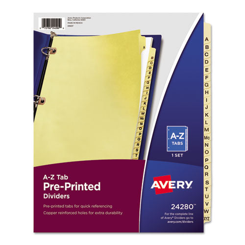 Preprinted Laminated Tab Dividers with Copper Reinforced Holes, 25-Tab, A to Z, 11 x 8.5, Buff, 1 Set-(AVE24280)