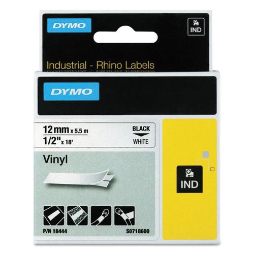 Rhino Permanent Vinyl Industrial Label Tape, 0.5" x 18 ft, White/Black Print-(DYM18444)