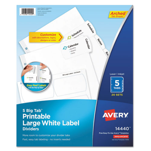 Big Tab Printable Large White Label Tab Dividers, 5-Tab, 11 x 8.5, White, 20 Sets-(AVE14440)