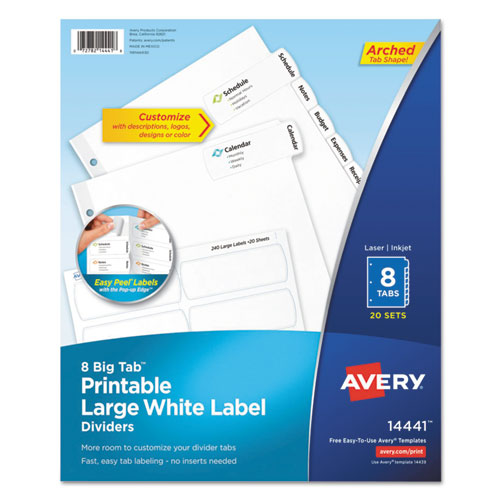 Big Tab Printable Large White Label Tab Dividers, 8-Tab, 11 x 8.5, White, 20 Sets-(AVE14441)