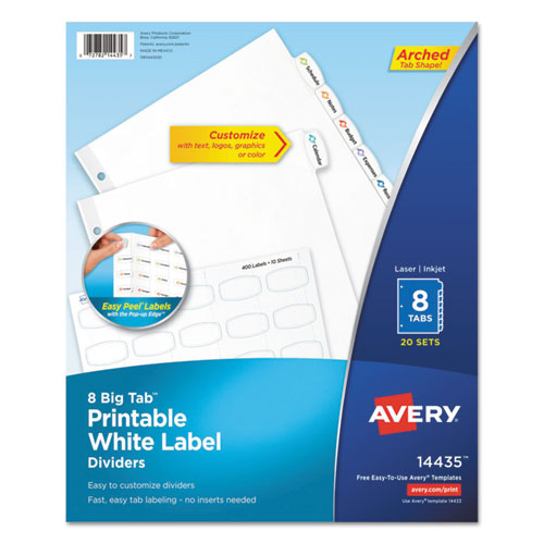 Big Tab Printable White Label Tab Dividers, 8-Tab, 11 x 8.5, White, 20 Sets-(AVE14435)