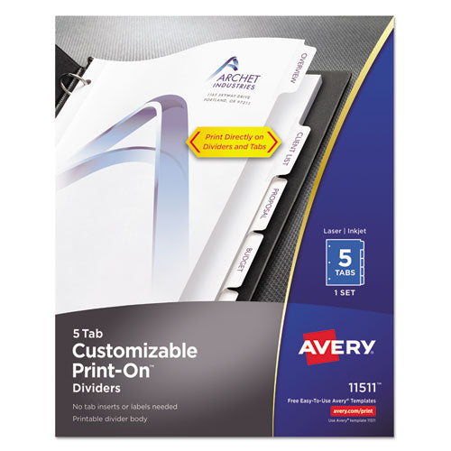 Customizable Print-On Dividers, 3-Hole Punched, 5-Tab, 11 x 8.5, White, 1 Set-(AVE11511)