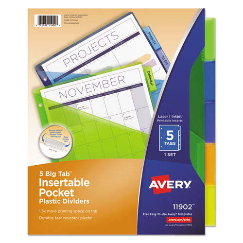 Insertable Big Tab Plastic 1-Pocket Dividers, 5-Tab, 11.13 x 9.25, Assorted, 1 Set-(AVE11902)