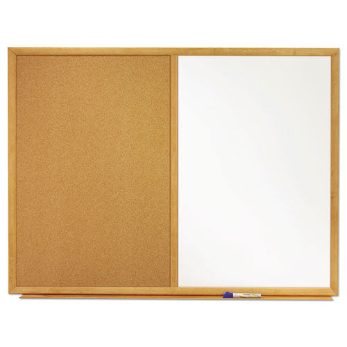 Bulletin/Dry-Erase Board, Melamine/Cork, 36 x 24, White/Brown Surface, Oak Finish Frame-(QRTS553)