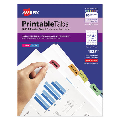 Printable Plastic Tabs with Repositionable Adhesive, 1/5-Cut, Assorted Colors, 1.25" Wide, 96/Pack-(AVE16281)