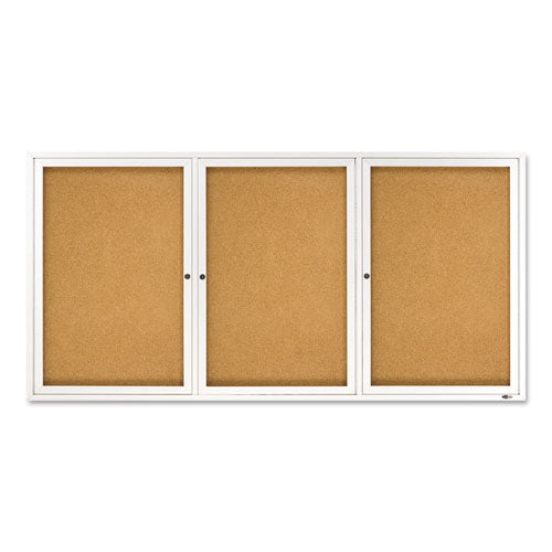 Enclosed Indoor Cork Bulletin Board with Three Hinged Doors, 72 x 36, Natural Surface, Silver Aluminum Frame-(QRT2366)