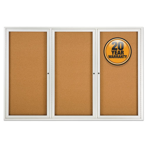 Enclosed Indoor Cork Bulletin Board with Three Hinged Doors, 72 x 48, Natural Surface, Silver Aluminum Frame-(QRT2367)