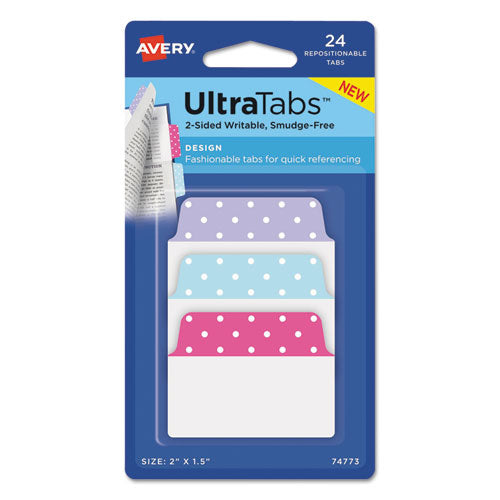 Ultra Tabs Repositionable Tabs, Dot Designs: 2" x 1.5", 1/5-Cut, Assorted Colors, 24/Pack-(AVE74773)