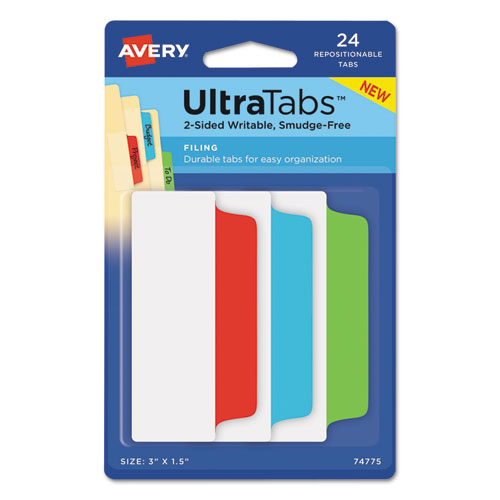 Ultra Tabs Repositionable Tabs, Wide and Slim: 3" x 1.5", 1/3-Cut, Assorted Colors, 24/Pack-(AVE74775)