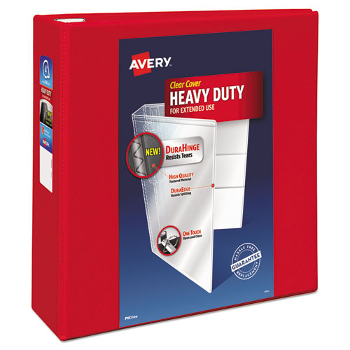 Heavy-Duty View Binder with DuraHinge and Locking One Touch EZD Rings, 3 Rings, 4" Capacity, 11 x 8.5, Red-(AVE79326)