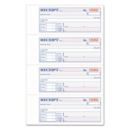 TOPS 3-Part Hardbound Receipt Book, Three-Part Carbonless, 7 x 2.75, 4 Forms/Sheet, 200 Forms Total-(ABFTCH1185)