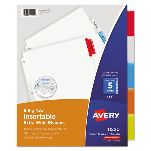 Insertable Big Tab Dividers, 5-Tab, Single-Sided Copper Edge Reinforcing, 11.13 x 9.25, White, Assorted Tabs, 1 Set-(AVE11220)