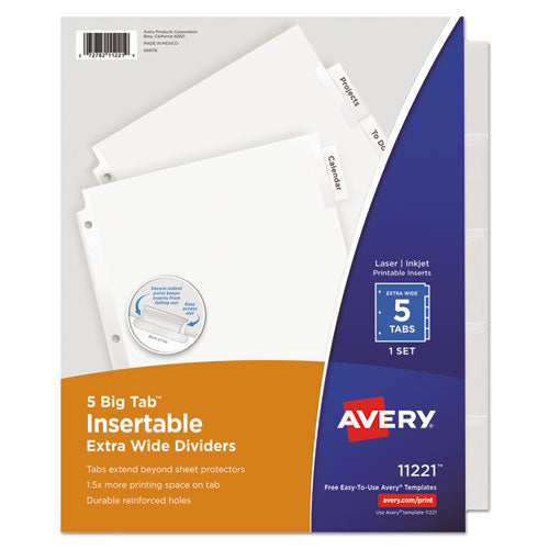 Insertable Big Tab Dividers, 5-Tab, Single-Sided Copper Edge Reinforcing, 11.13 x 9.25, White, Clear Tabs, 1 Set-(AVE11221)