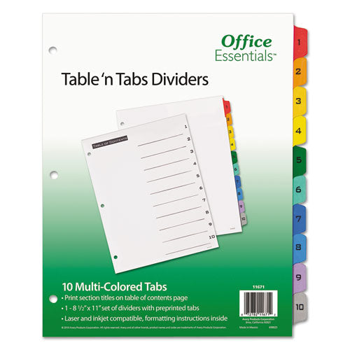 Table n Tabs Dividers, 10-Tab, 1 to 10, 11 x 8.5, White, Assorted Tabs, 1 Set-(AVE11671)