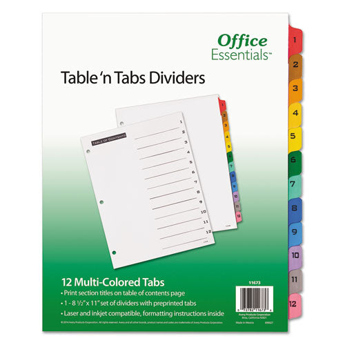 Table n Tabs Dividers, 12-Tab, 1 to 12, 11 x 8.5, White, Assorted Tabs, 1 Set-(AVE11673)