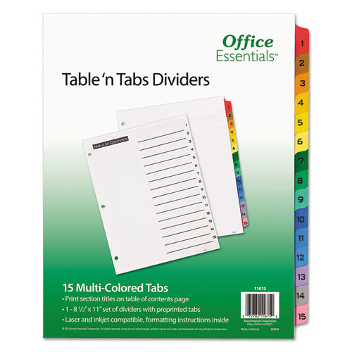 Table n Tabs Dividers, 15-Tab, 1 to 15, 11 x 8.5, White, Assorted Tabs, 1 Set-(AVE11675)