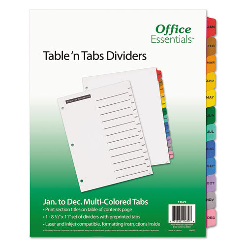 Table n Tabs Dividers, 12-Tab, Jan. to Dec., 11 x 8.5, White, Assorted Tabs, 1 Set-(AVE11679)