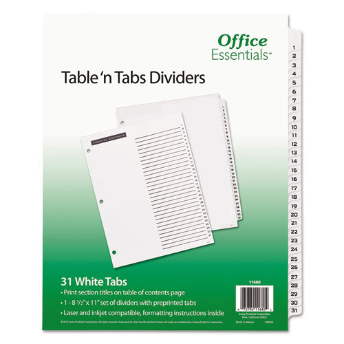 Table n Tabs Dividers, 31-Tab, 1 to 31, 11 x 8.5, White, White Tabs, 1 Set-(AVE11680)