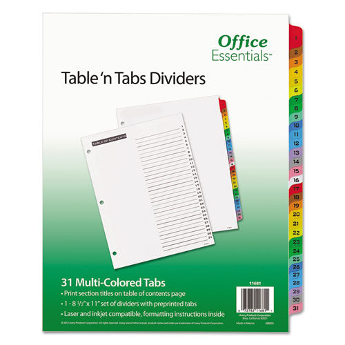 Table n Tabs Dividers, 31-Tab, 1 to 31, 11 x 8.5, White, Assorted Tabs, 1 Set-(AVE11681)