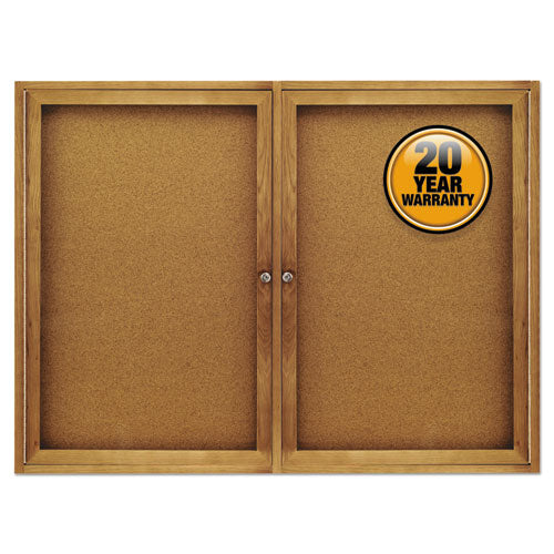 Enclosed Indoor Cork Bulletin Board with Two Hinged Doors, 48 x 36, Natural Surface, Oak Fiberboard Frame-(QRT364)