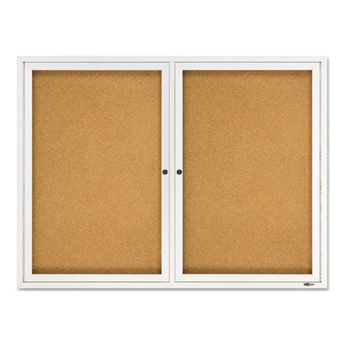 Enclosed Indoor Cork Bulletin Board with Two Hinged Doors, 48 x 36, Natural Surface, Silver Aluminum Frame-(QRT2364)