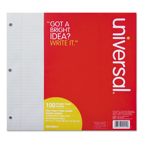 Filler Paper, 3-Hole, 8.5 x 11, Medium/College Rule, 100/Pack-(UNV20911)