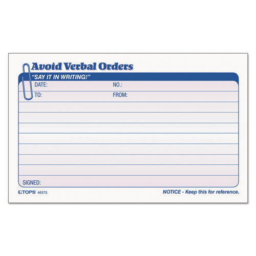 Avoid Verbal Orders Manifold Book, Two-Part Carbonless, 6.25 x 4.25, 50 Forms Total-(TOP46373)