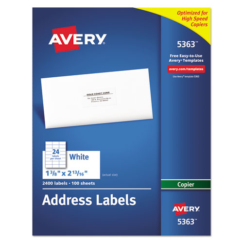 Copier Mailing Labels, Copiers, 1.38 x 2.81, White, 24/Sheet, 100 Sheets/Box-(AVE5363)