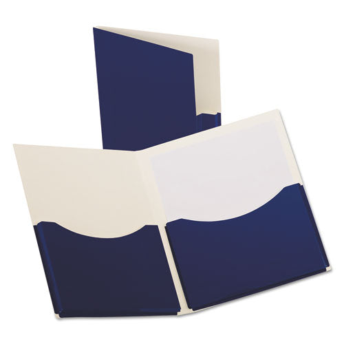 Double Stuff Gusseted 2-Pocket Laminated Paper Folder, 200-Sheet Capacity, 11 x 8.5, Navy, 20/Box-(OXF54443)