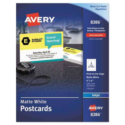 Printable Postcards, Inkjet, 85 lb, 4 x 6, Matte White, 100 Cards, 2 Cards/Sheet, 50 Sheets/Box-(AVE8386)