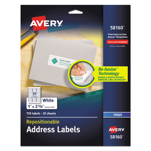 Repositionable Address Labels w/SureFeed, Inkjet/Laser, 1 x 2.63, White, 750/BX-(AVE58160)