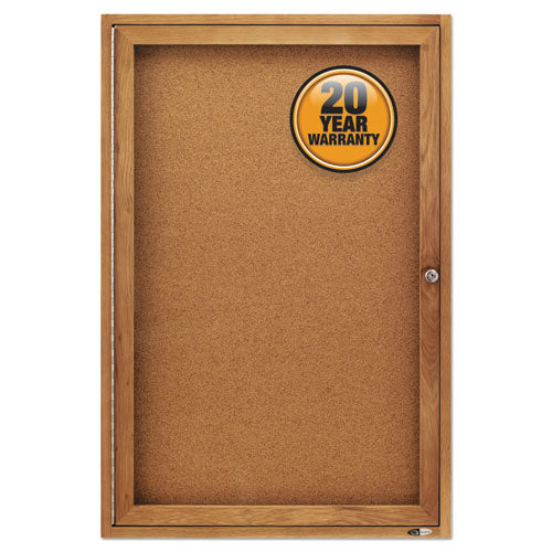 Enclosed Indoor Cork Bulletin Board with One Hinged Door, 24 x 36, Natural Surface, Oak Fiberboard Frame-(QRT363)