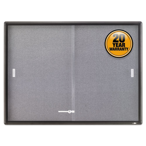 Enclosed Indoor Cork and Gray Fabric Bulletin Board with Two Sliding Glass Doors, 48 x 36, Graphite Gray Aluminum Frame-(QRT2364S)