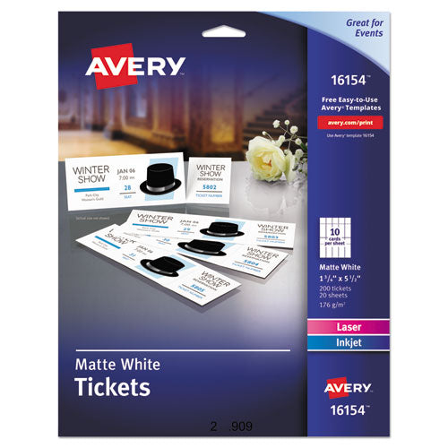 Printable Tickets w/Tear-Away Stubs, 97 Bright, 65 lb Cover Weight, 8.5 x 11, White, 10 Tickets/Sheet, 20 Sheets/Pack-(AVE16154)