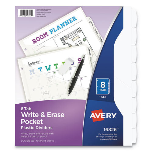 Write and Erase Durable Plastic Dividers with Straight Pocket, 8-Tab, 11.13 x 9.25, White, 1 Set-(AVE16826)