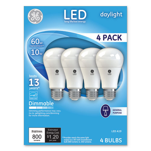 LED Daylight A19 Dimmable Light Bulb, 10 W, 4/Pack-(GEL67616)